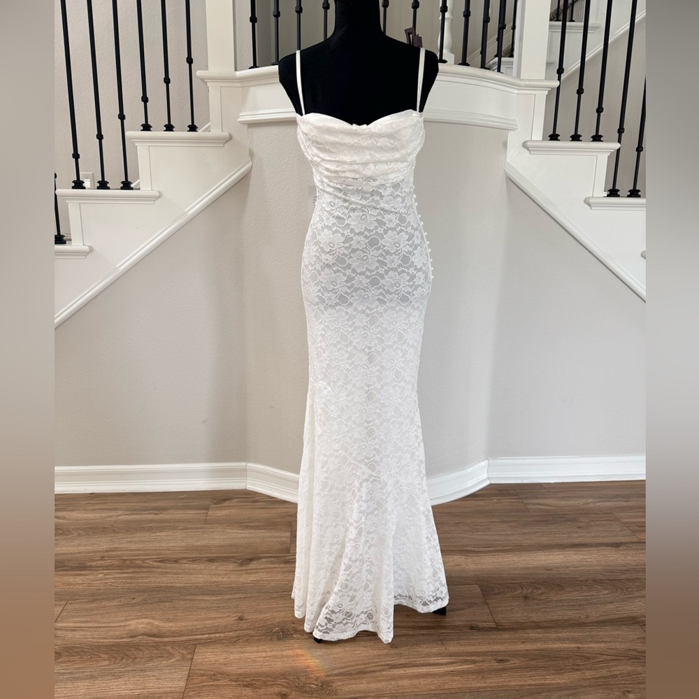 NWT Superdown Mercer Maxi Dress White Lace Ruched Slip Gown S Bridal